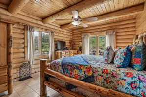 Natural wood log construction throughout, featuring a plank wood ceiling with exposed beams