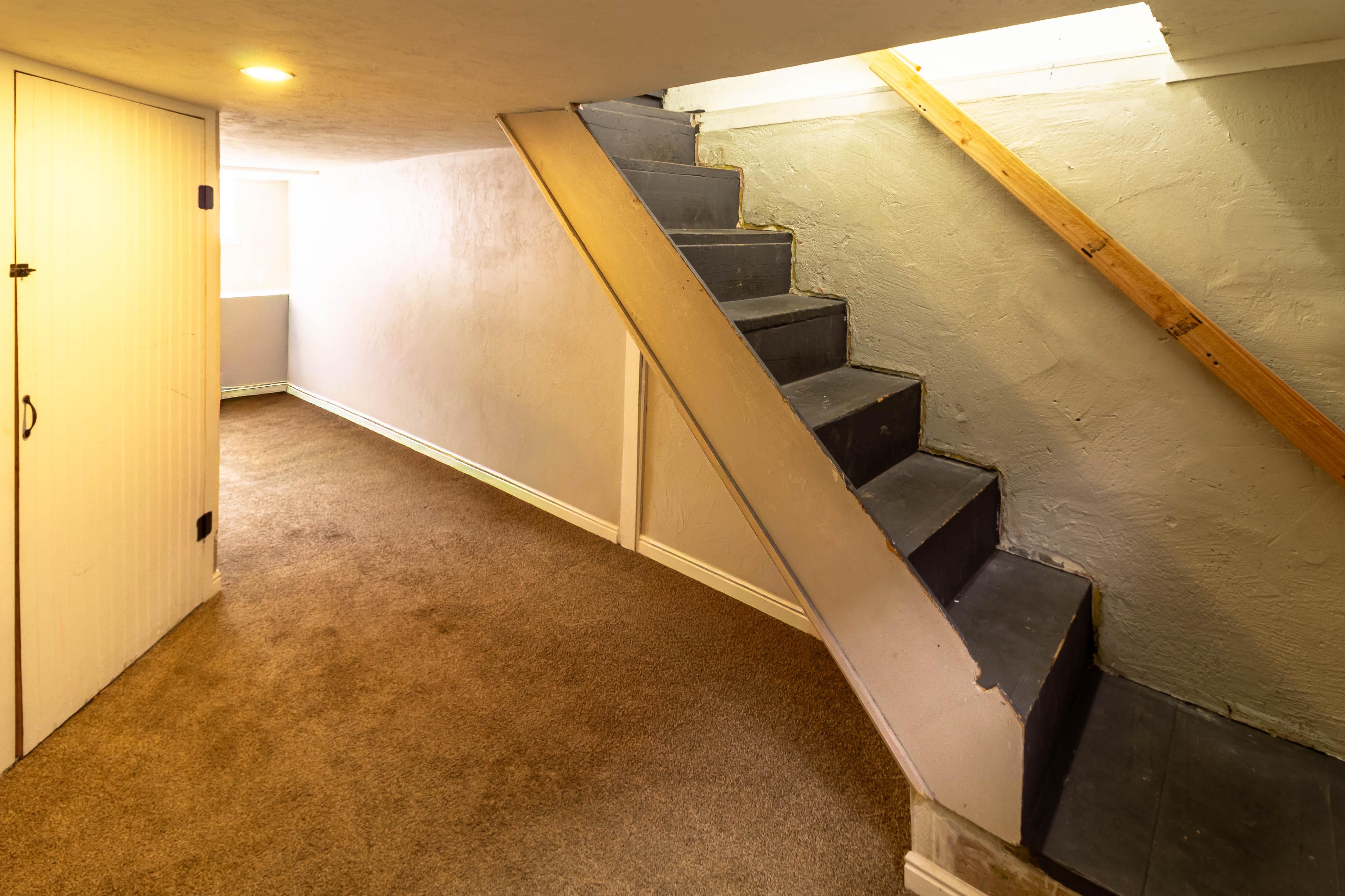 Staircase with painted treads and a natural wood-finish handrail