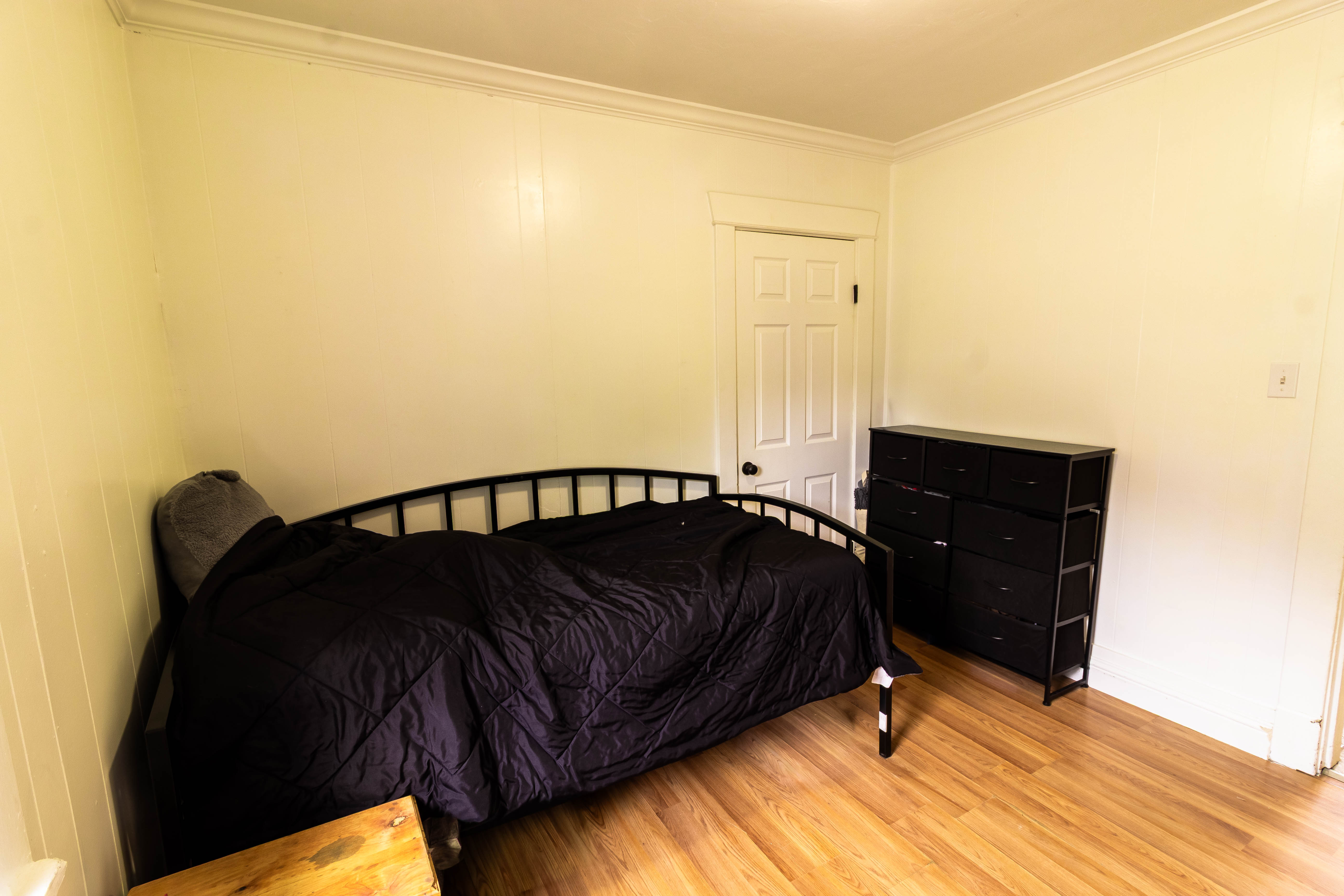 Room featuring wood-finish flooring, white paneled walls, and crown molding