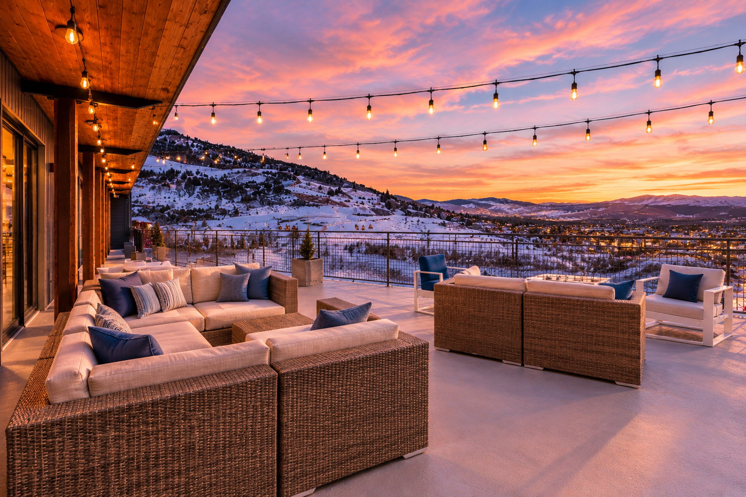 Expansive outdoor terrace featuring a wood-panel ceiling, string lighting, and panoramic mountain scenery