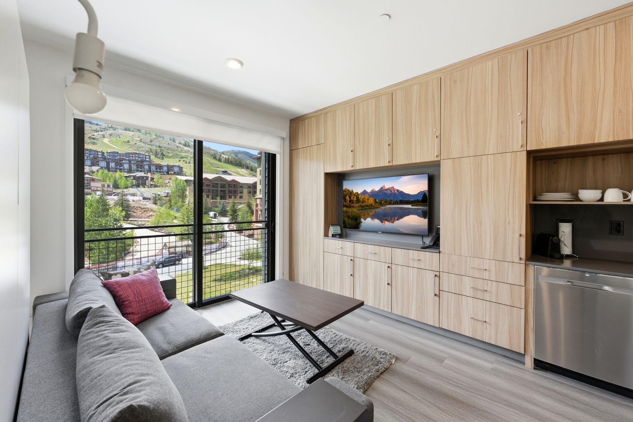 Floor-to-ceiling windows with balcony access, integrated wooden cabinetry, built-in media center, compact stainless steel dishwasher, and wood-finish flooring