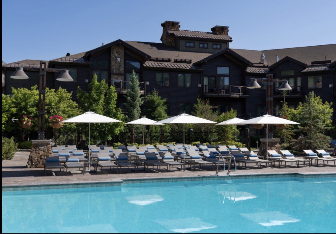 Outdoor swimming pool with lounge chairs and umbrellas, bordered by mature landscaping