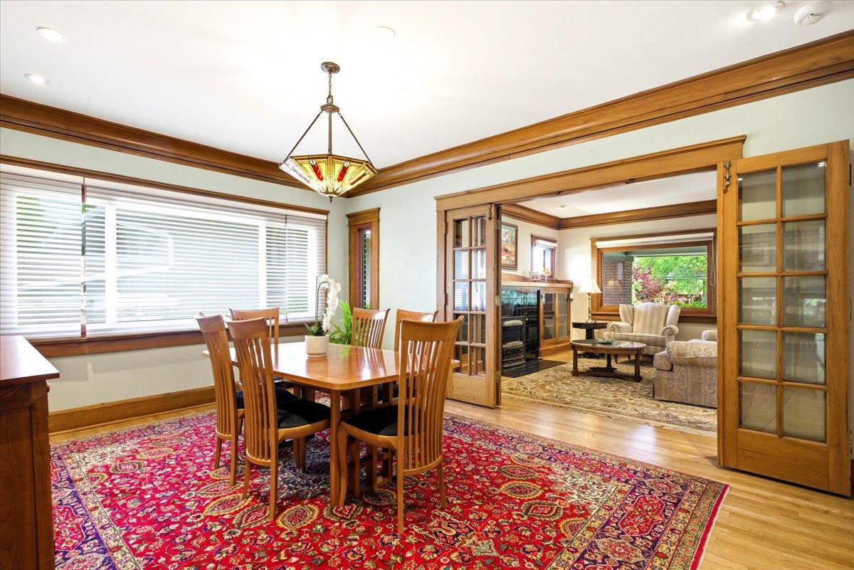 Wood-finish flooring with extensive wood trim and molding