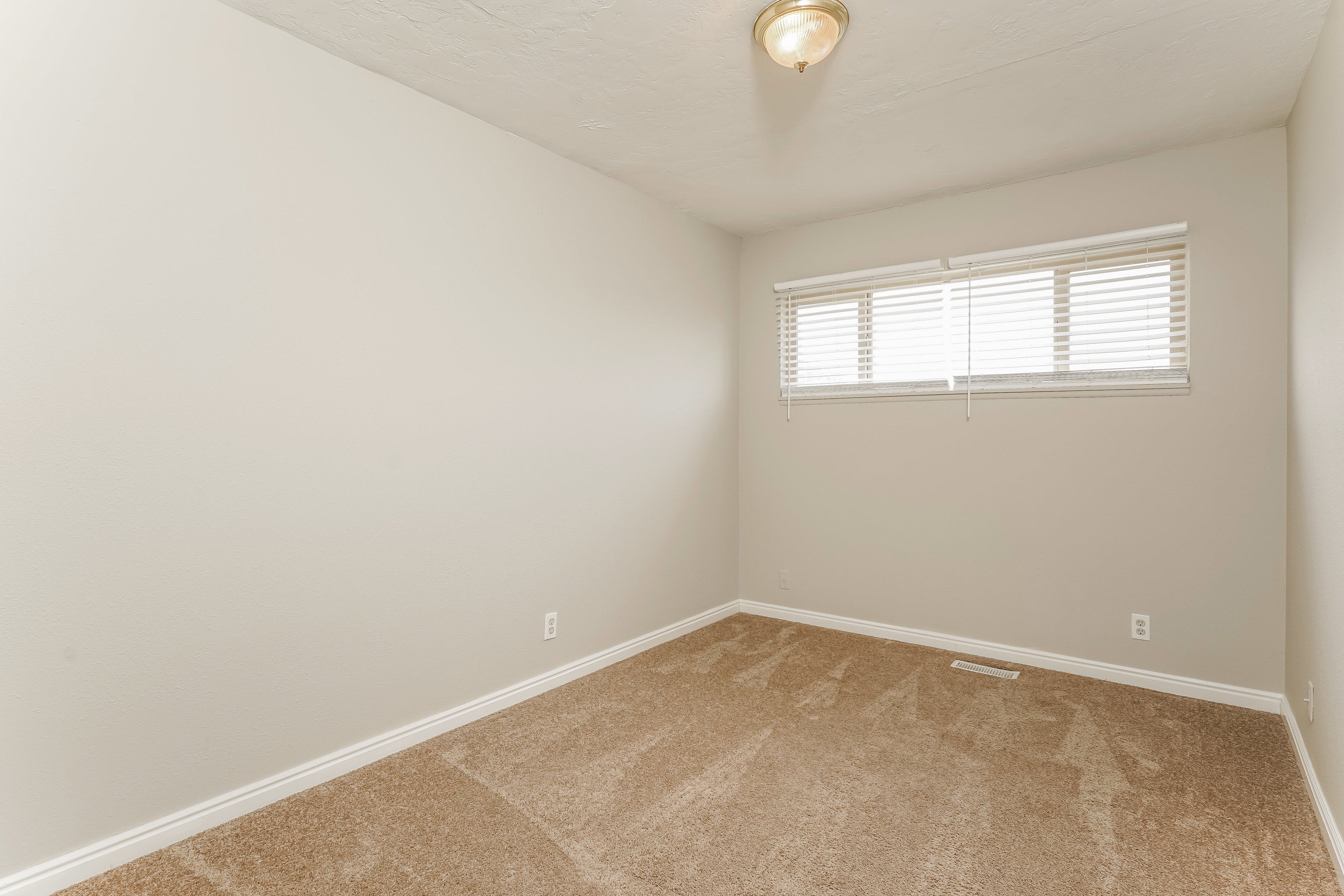 Carpeted room featuring a window with horizontal blinds, neutral wall paint, white baseboards, and an overhead flush mount light fixture