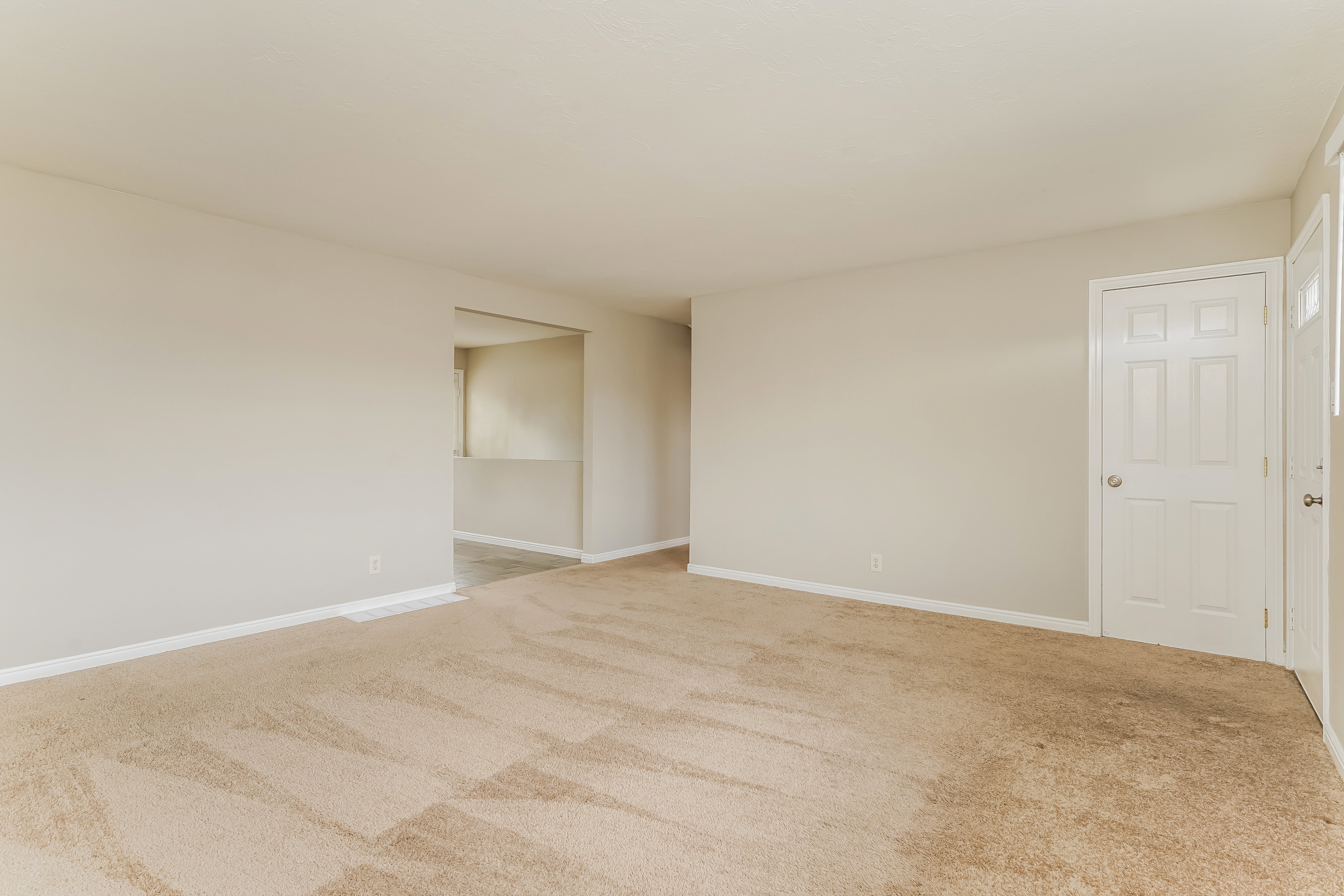 Spacious interior room with neutral-toned walls, light-colored carpeting, and white trim