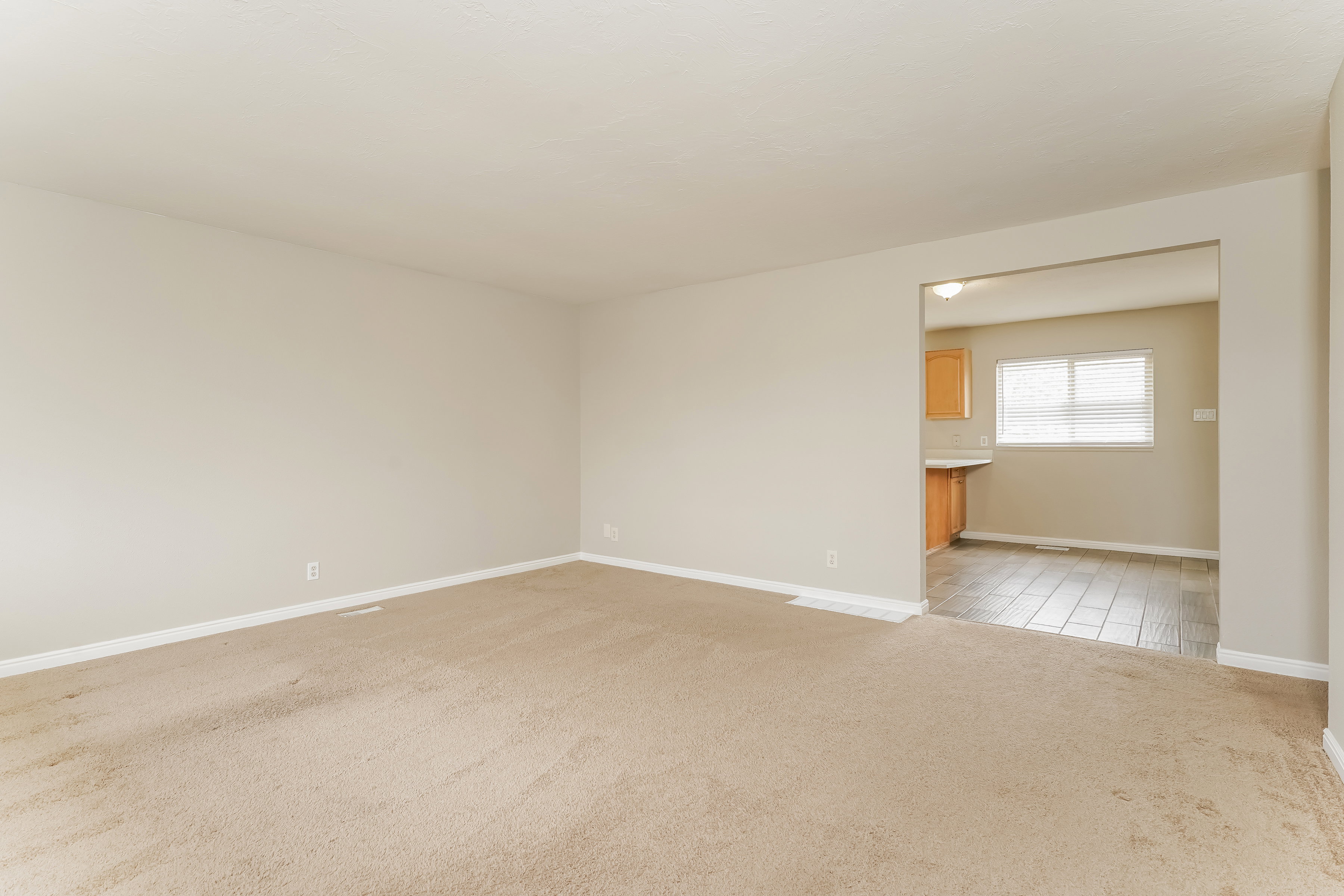Neutral tone wall finishes, light-toned carpet flooring, and white baseboards define this room