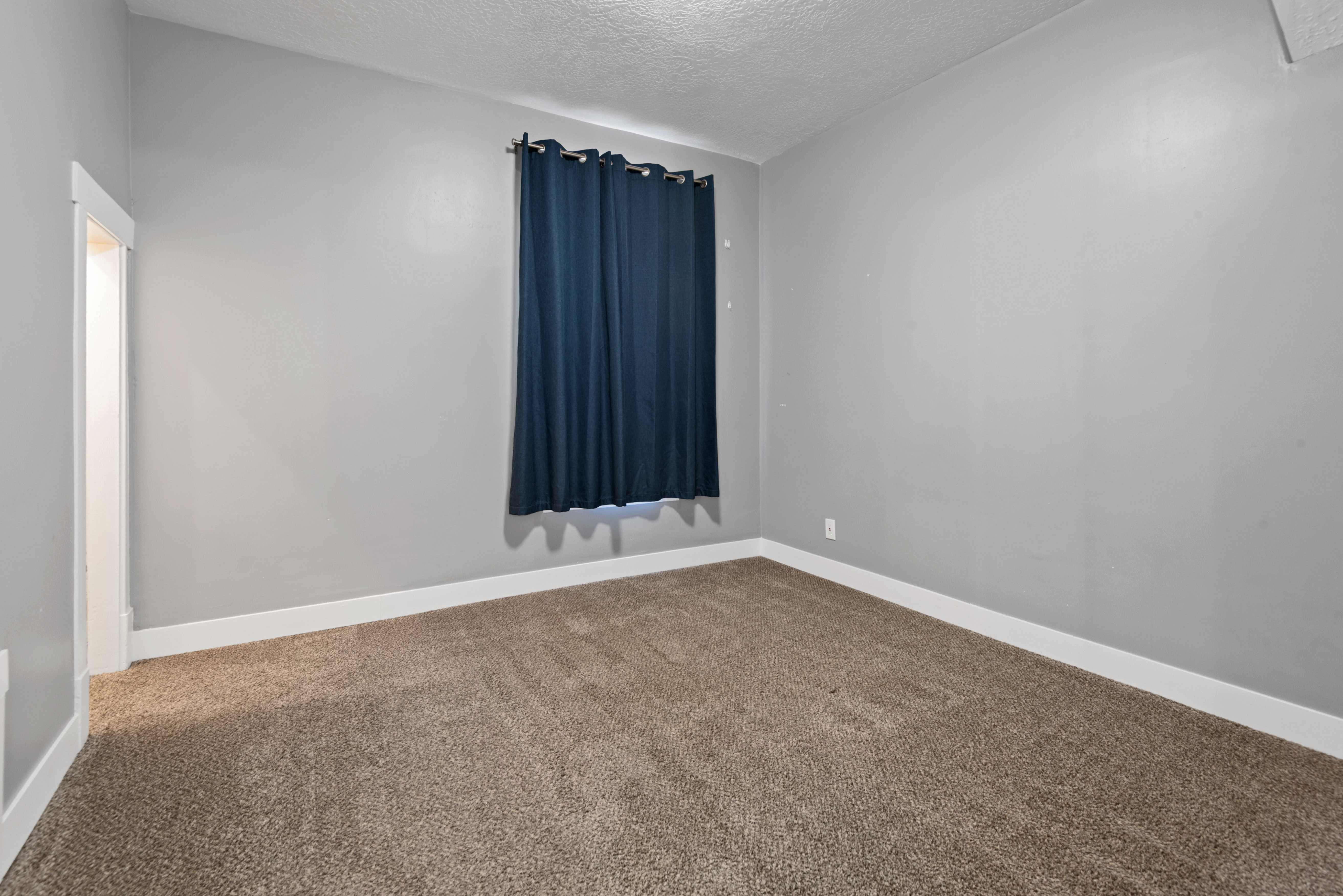 Room featuring light gray walls, white baseboards, and brown textured carpeting