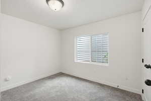 Carpeted room with a white door featuring matte black hardware, a window with a window well, and a flush mount ceiling light