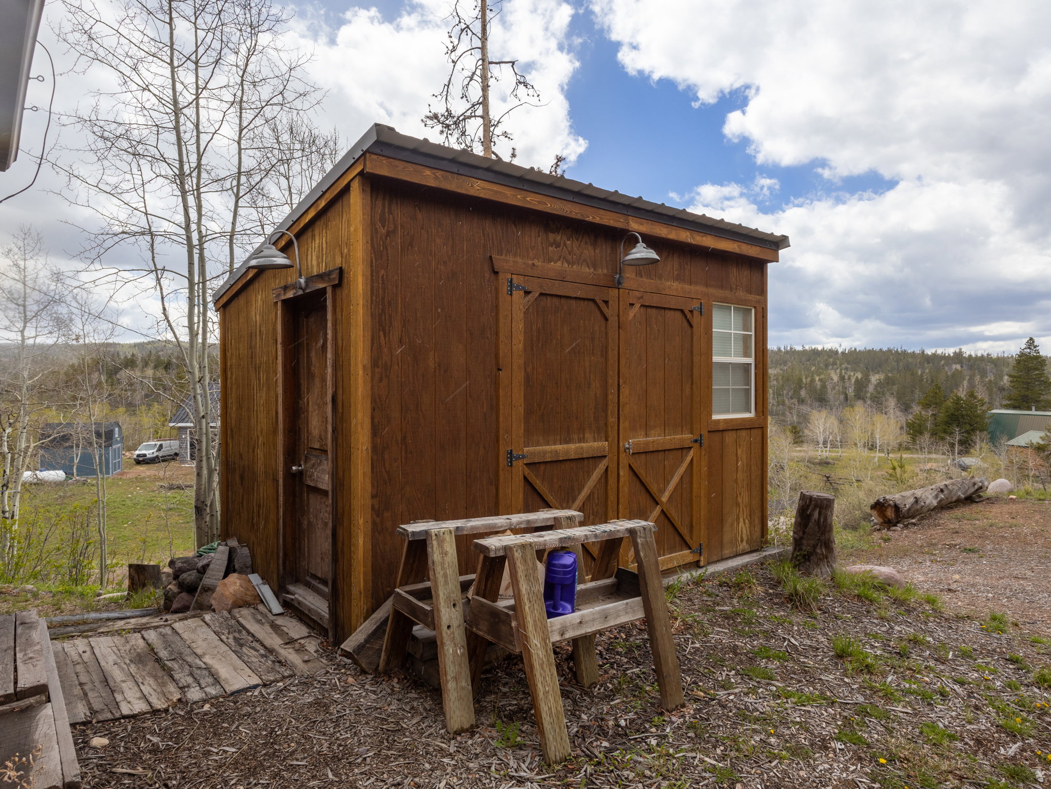 Exterior shed featuring wood-finish siding, a single-pane window, and two barn-style doors