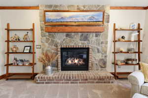 Stone & Brick Gas Log Fireplace with Custom Mantle