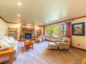 Spacious Family Room with Picture Windows with Views of Mountains, Trees, & Park