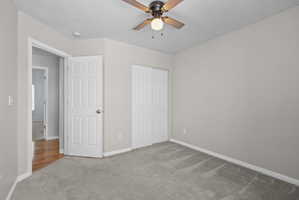 Room featuring light gray wall paint, gray carpeting, a ceiling fan with light fixture, and white bi-fold closet doors