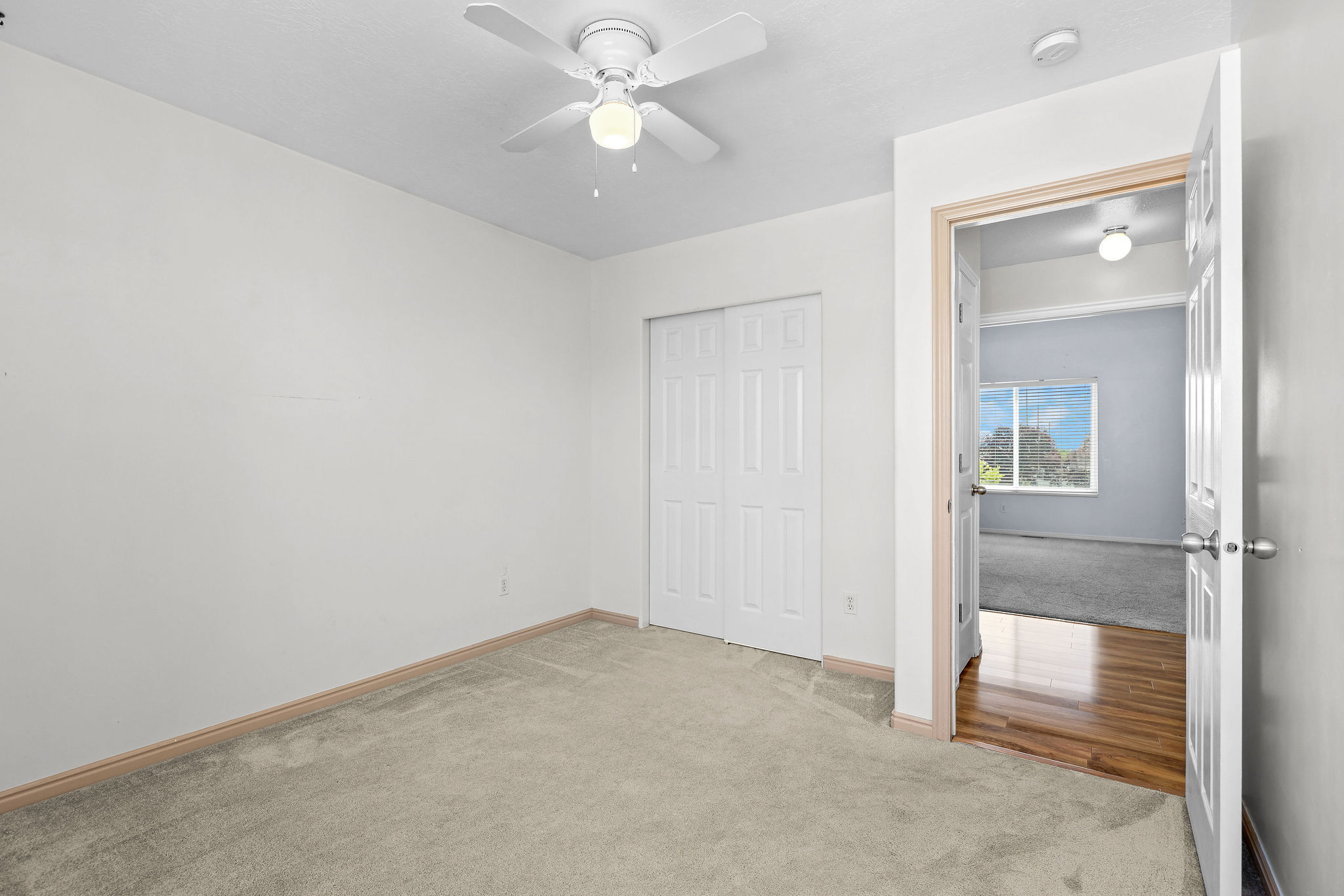 Carpeted room featuring a ceiling fan with light fixture and bifold closet doors