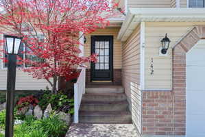 Inviting front entry featuring a black multi-pane door, concrete steps with a white railing, and a mature tree with vibrant red foliage