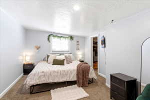 Carpeted bedroom featuring a single window with blinds, light gray walls, and white baseboards