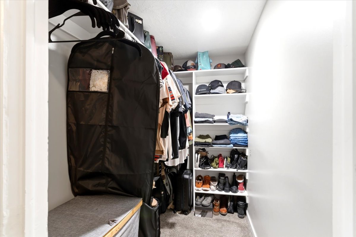 Walk-in closet featuring white built-in shelving, carpet flooring, a hanging rod, and a padded bench