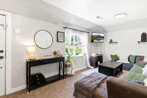 Carpeted living area featuring a window with natural light, white walls, and a flat-panel ceiling light fixture