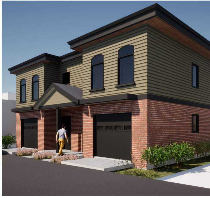 Multi-level exterior featuring a brick facade with horizontal siding on the upper floors, arched windows, and two integrated garage doors