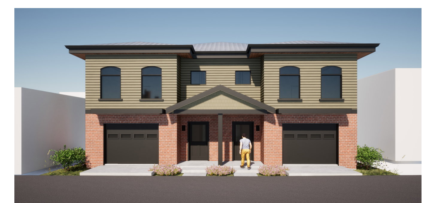 Contemporary duplex exterior featuring brick and horizontal siding, individual garage access, arched windows on the upper level, a covered entryway, and minimal landscaping