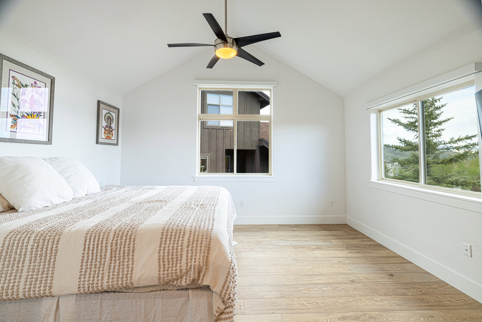 Bright interior space featuring vaulted ceilings, wood-finish flooring, a contemporary ceiling fan with integrated lighting, and multiple windows providing ambient illumination