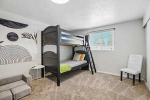 Carpeted room featuring a window with blinds, a built-in closet with sliding doors, and light gray painted walls