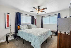 Carpeted bedroom featuring multiple windows with blinds, a ceiling fan with integrated lighting, and neutral wall tones