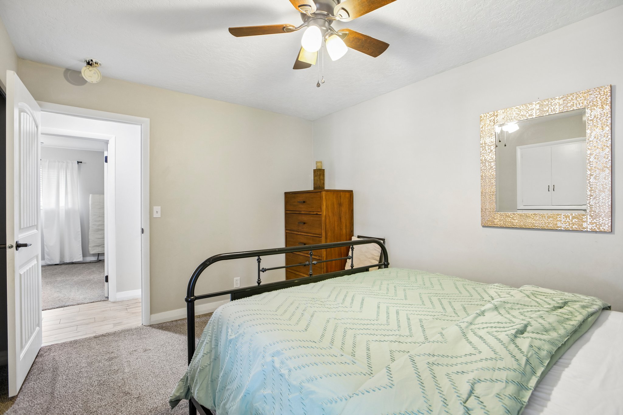 Carpeted room with a ceiling fan, a decorative mirror, and a solid-core door