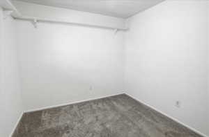 Interior room featuring light gray carpeting, white baseboards, and white painted walls