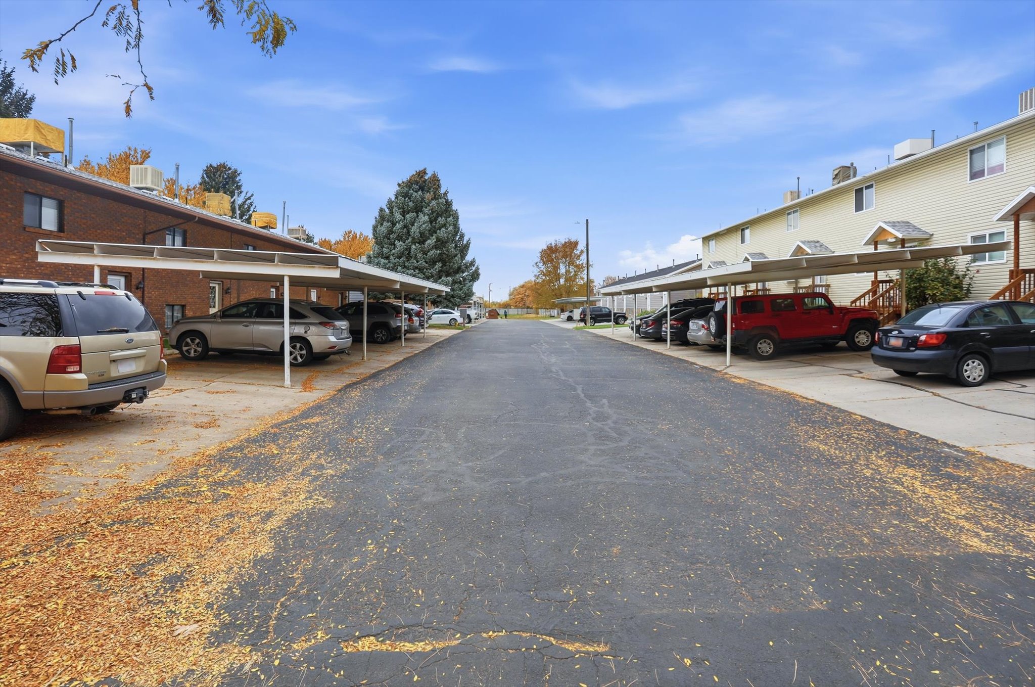 Expansive paved parking area offering covered carport spaces