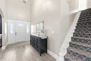 Entryway featuring wood-finish flooring, a double-height ceiling, a white front door with sidelight windows, and a carpeted staircase with a patterned runner