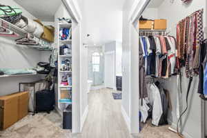 Dual walk-in closets featuring built-in shelving, hanging rods, and carpet flooring