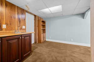 Wood paneling accent wall with built-in cabinetry and sink surrounding walk out