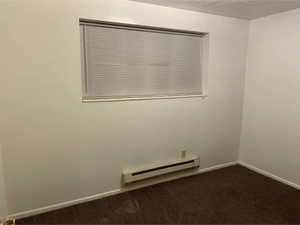 Window with horizontal blinds and baseboard heating unit