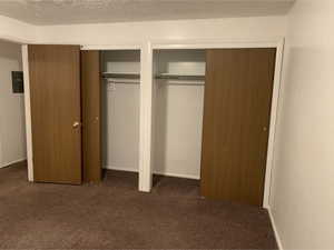 Dual bi-fold closet doors with wood-finish panels, integrated shelving, and metal hanging rods