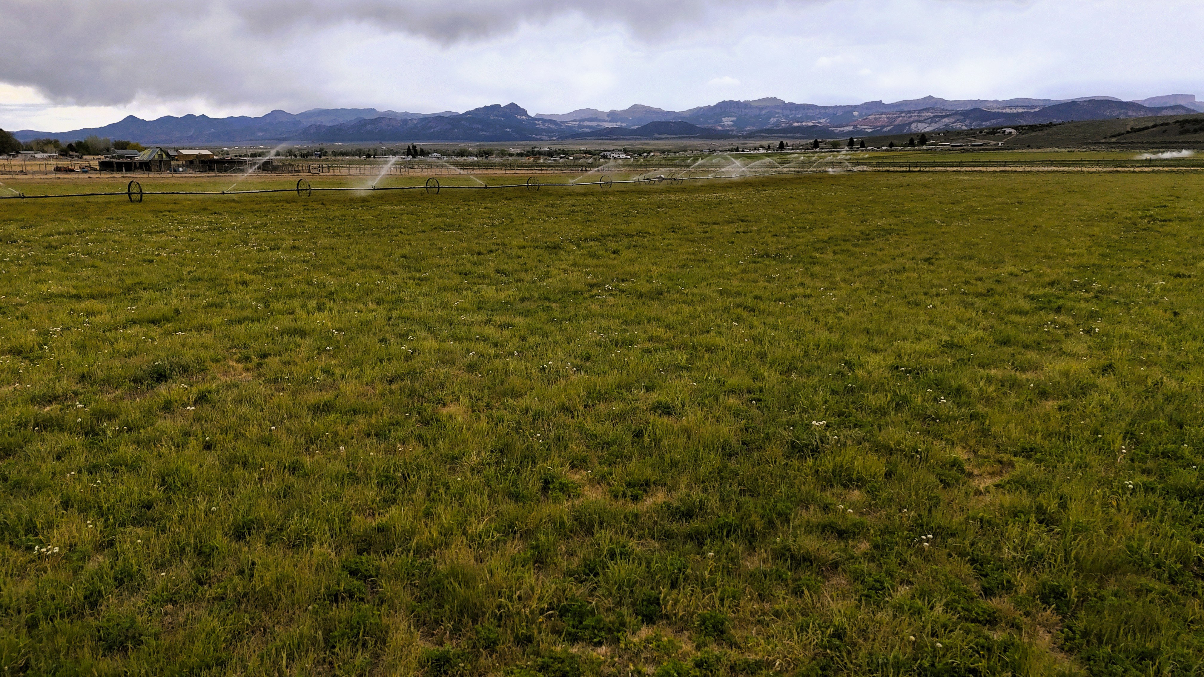 Expansive green field with active irrigation system, bordered by distant mountainous terrain