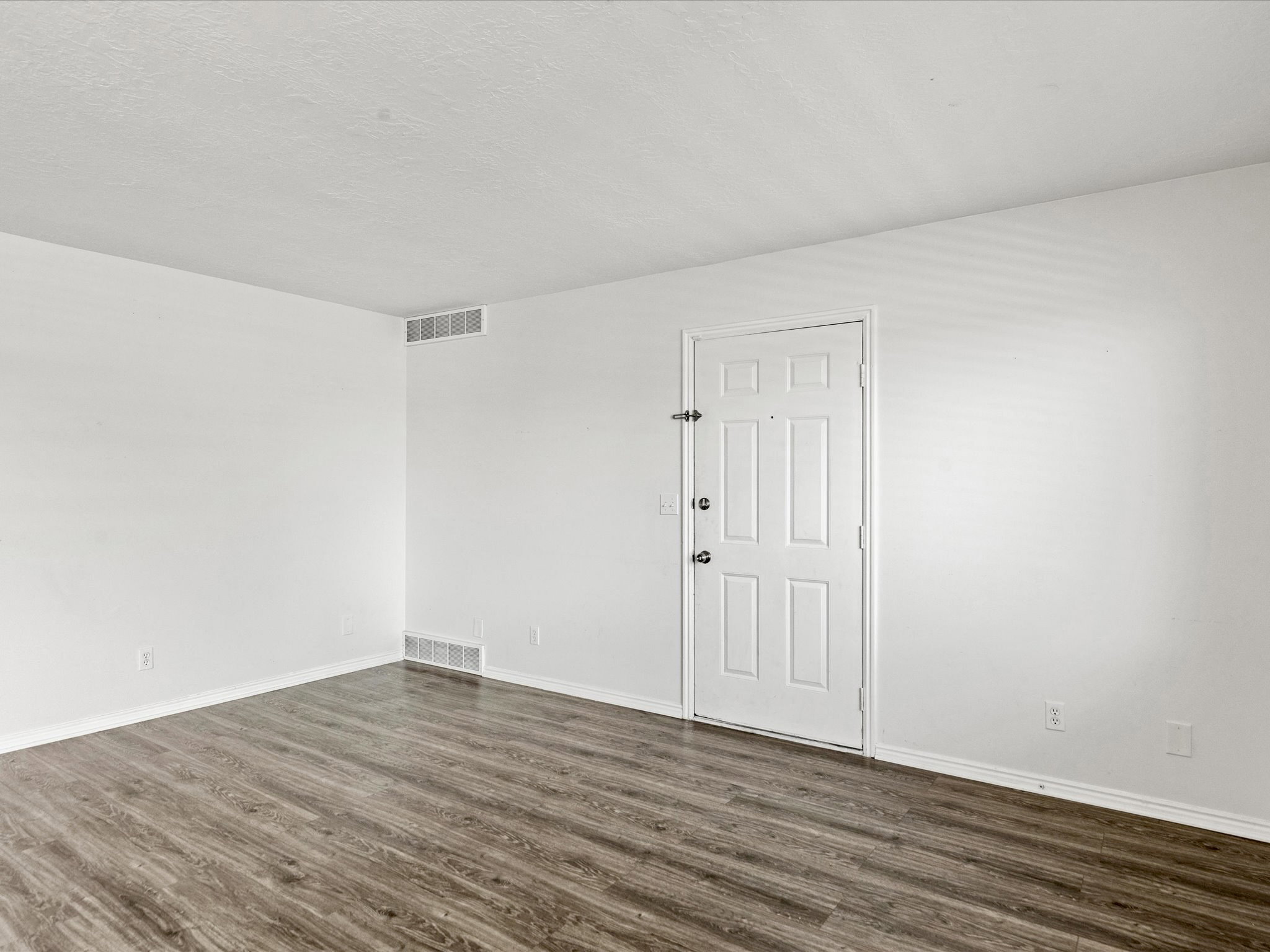 Wood-finish flooring throughout, white baseboards, and a paneled entry door with chrome hardware
