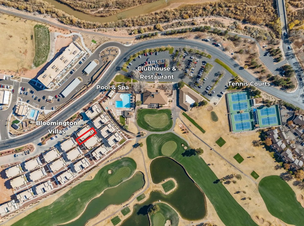 Aerial overview of Bloomington Villas, featuring golf course frontage