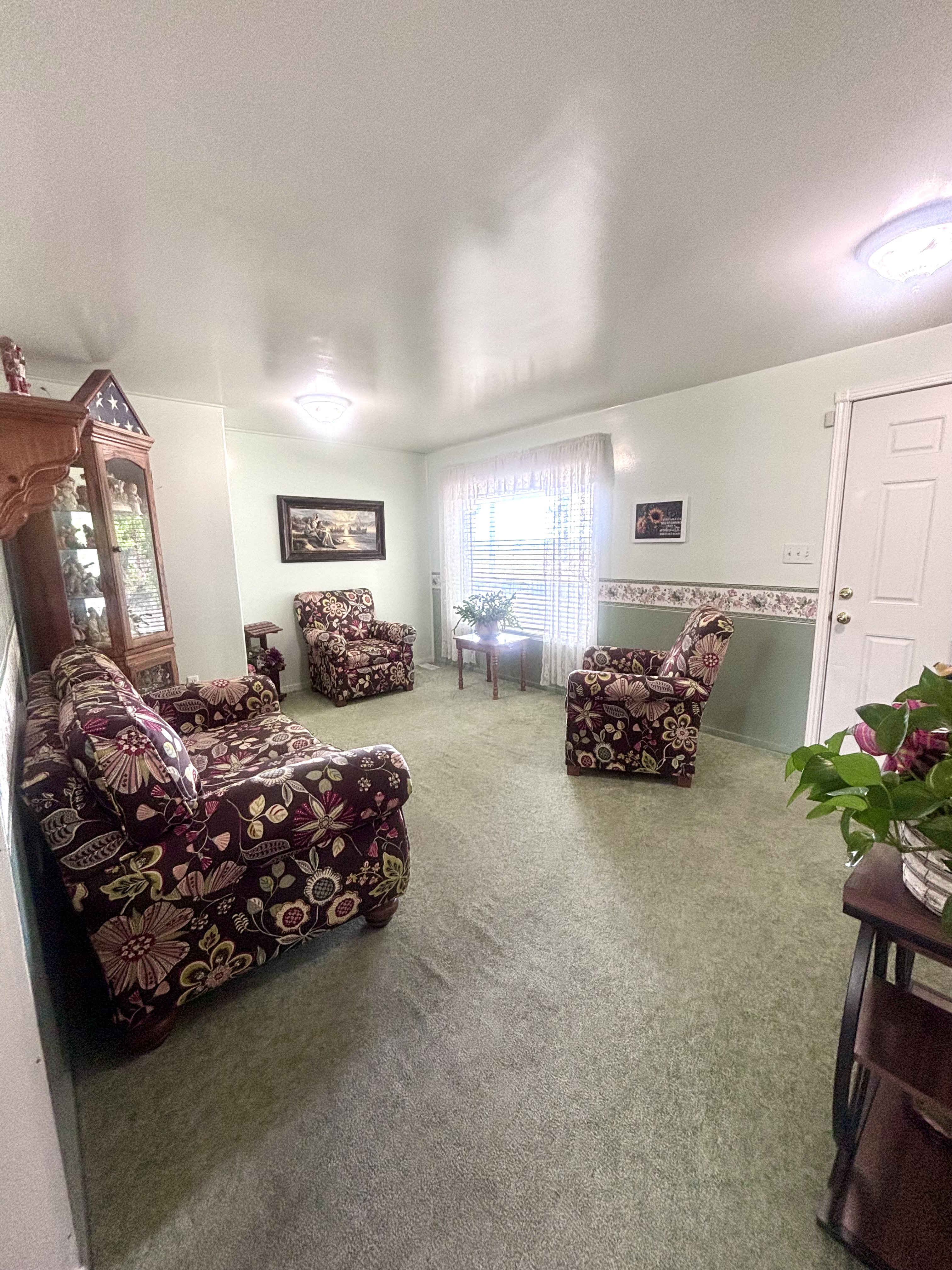 Spacious carpeted room featuring a white paneled entry door, a large window with blinds and sheer curtain, and two ceiling-mounted light fixtures
