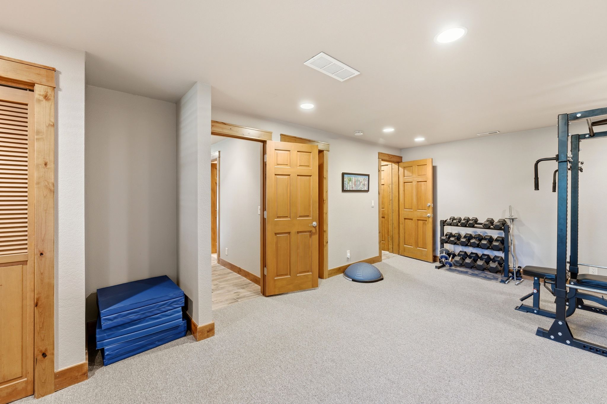 Spacious room featuring light-colored carpet, recessed lighting, and multiple wood-paneled doors with matching trim
