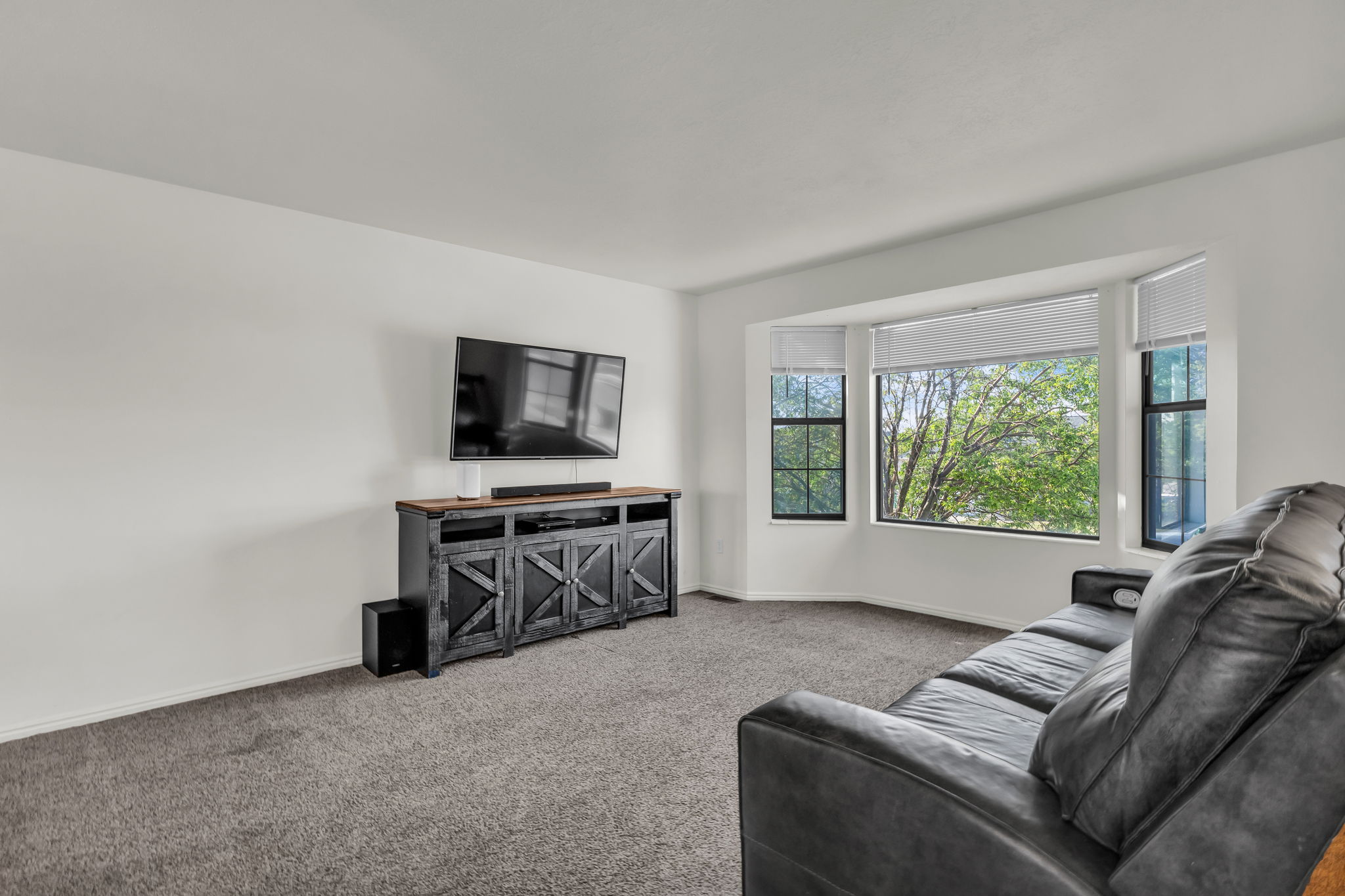 Living area featuring a bay window with multiple panes, neutral wall color, and plush gray carpeting