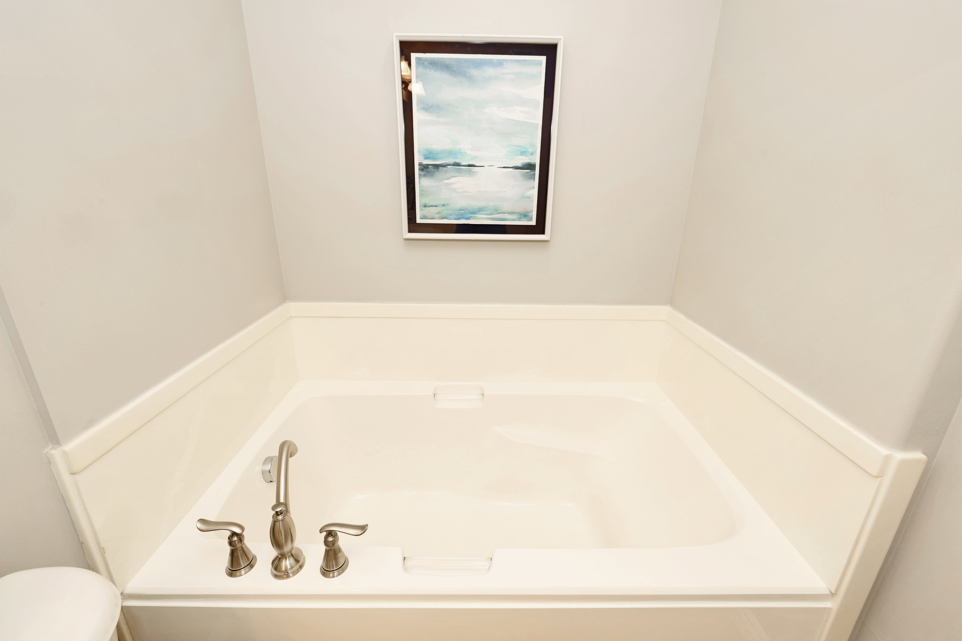 Built-in soaking tub with brushed nickel fixtures and a surrounding white paneling