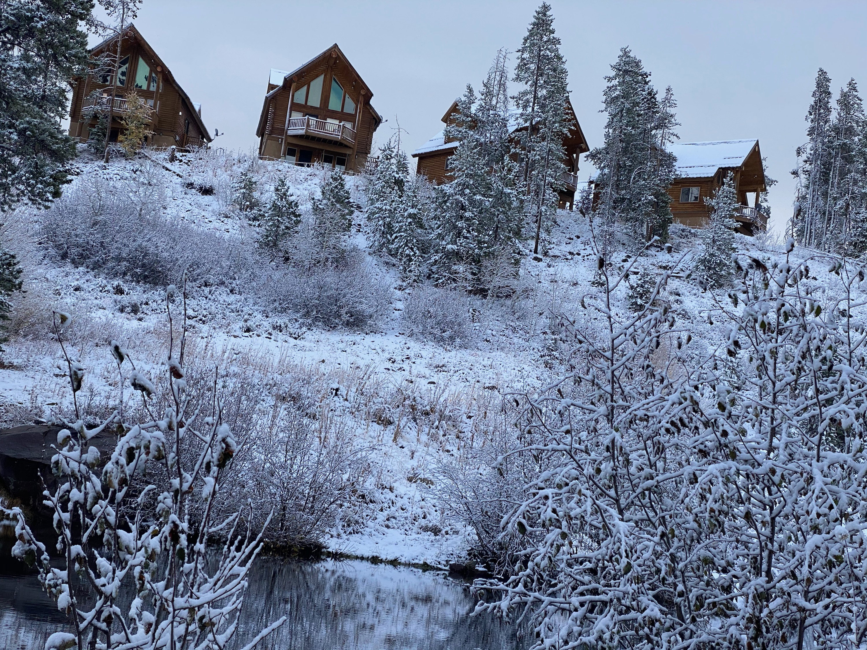 Wood-sided residences with prominent gable roofs and multiple balconies, nestled among snow-covered evergreen trees