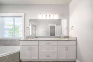 Dual vanity with white cabinetry, light-toned countertop, and undermount sinks