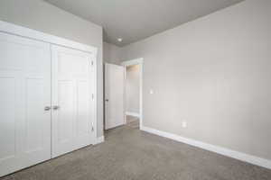 Interior room featuring light gray walls, gray carpeting, white trim, and a white paneled closet door