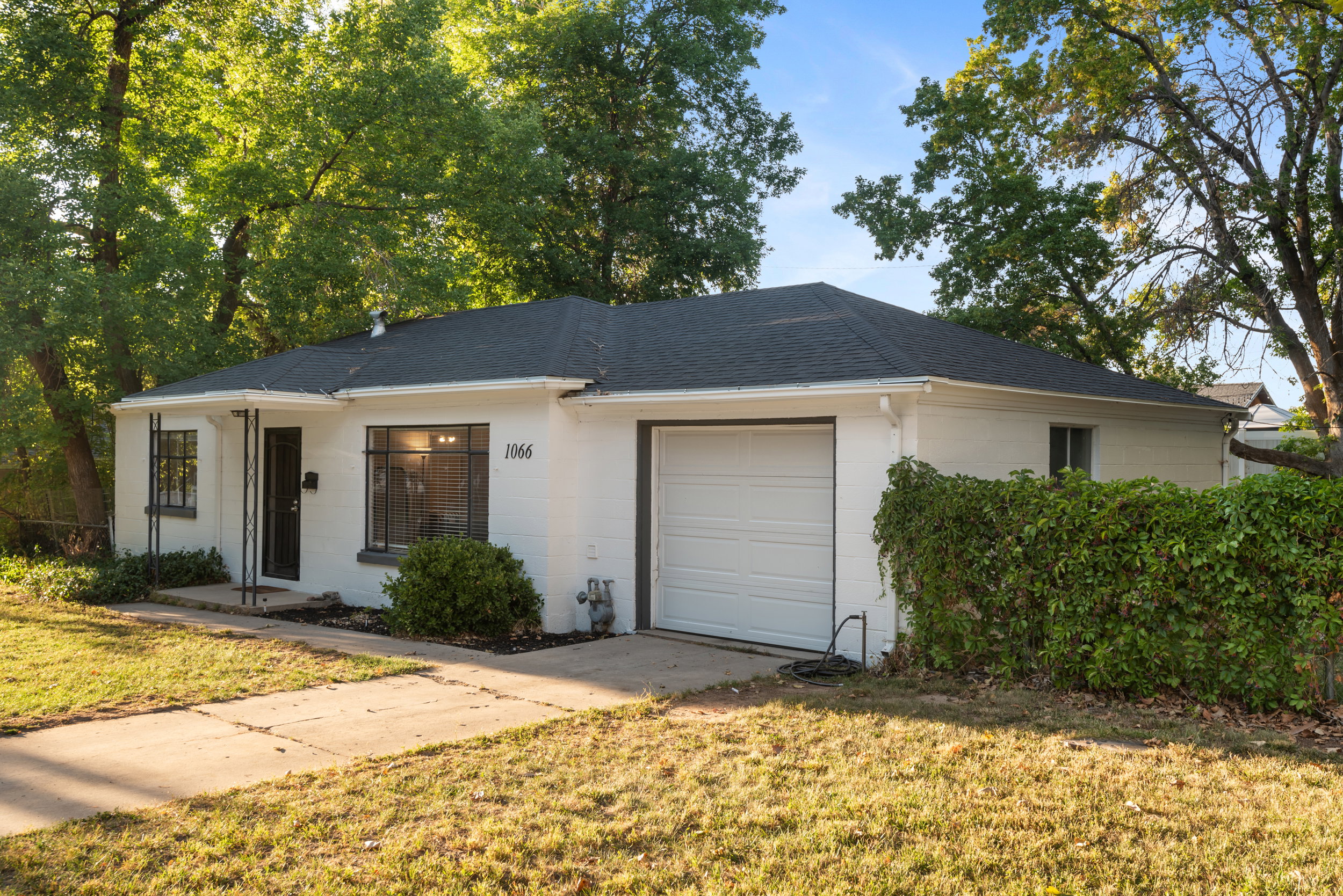 White exterior with black trim windows, a black front door, and an attached single-car garage
