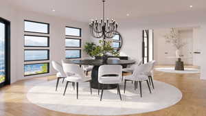 Open concept dining area featuring a black chandelier and a series of horizontal windows