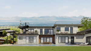 Contemporary multi-level residence featuring expansive glass doors, multiple balconies with metal railings, and a spiral exterior staircase providing rooftop access