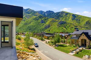 Expansive mountain backdrop with lush green foliage