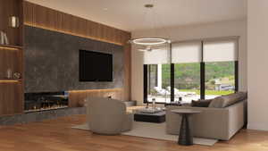 Living area featuring a modern linear electric fireplace, wood-finish flooring, a contemporary chandelier, built-in shelving with integrated lighting, and large sliding glass doors leading to an exterior patio