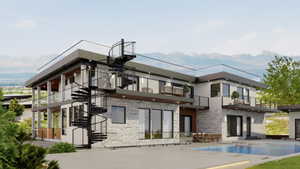 Contemporary multi-story residence featuring a striking exterior spiral staircase